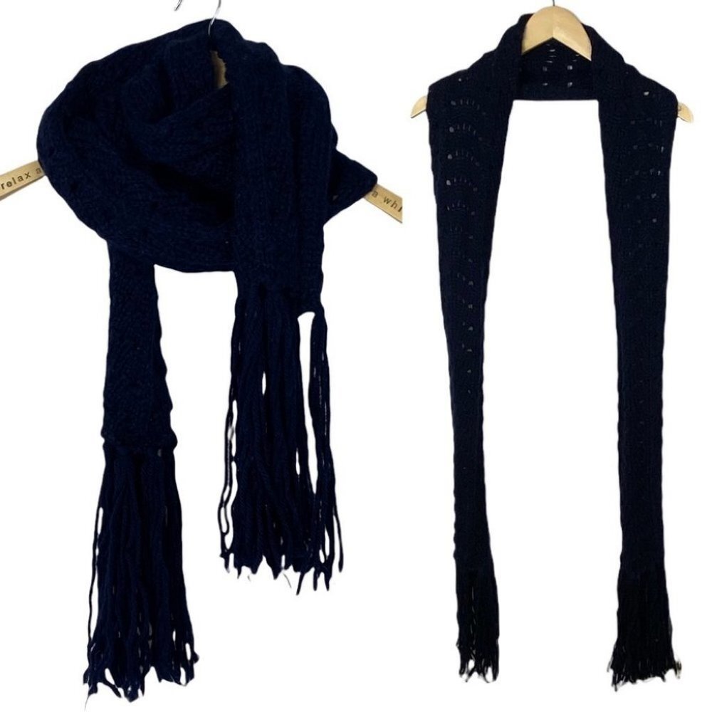Roberto Collina Virgin Wool Superkid Mohair Rectangular Scarf Fringe Navy Blue